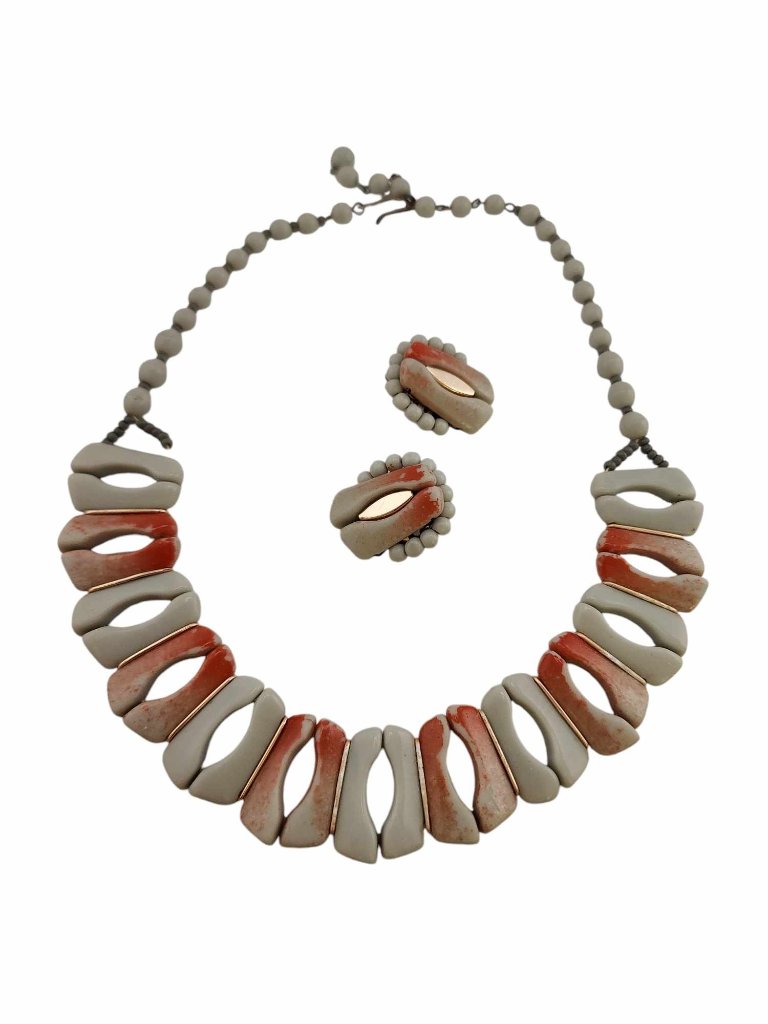 Vintage Unique Signed West Germany Mottled Glass Mcm Style Collar Necklace Set